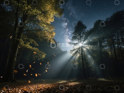 夜幕森林，星光与树影交织