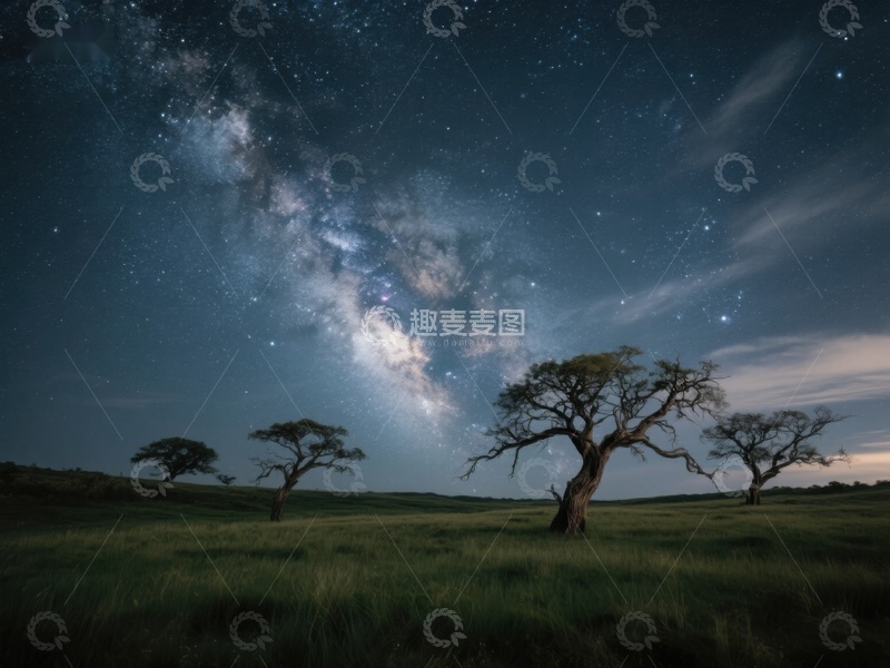 高清大图下载【趣麦麦图】星空下的草原与孤树