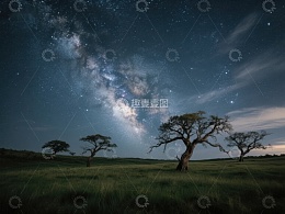 星空下的草原与孤树