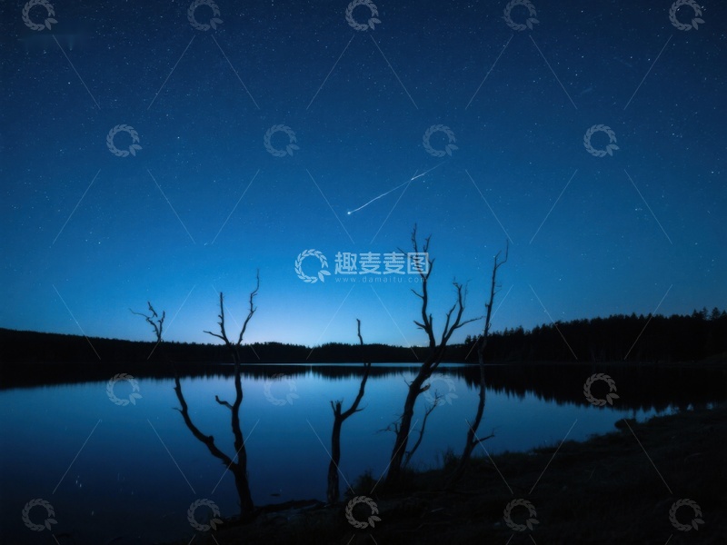 高清大图下载【趣麦麦图】夜空流星划过静谧湖面