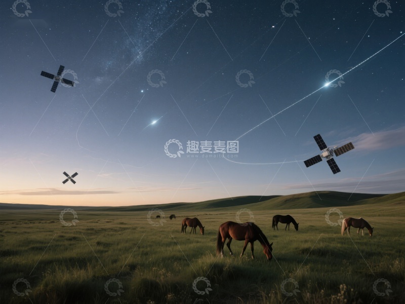 高清大图下载【趣麦麦图】草原夜空下的马群与卫星轨迹