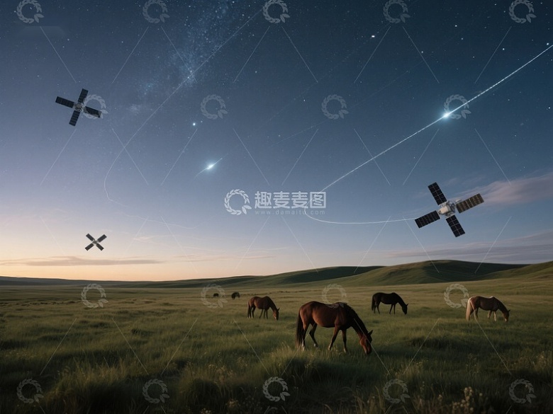 草原夜空下的马群与卫星轨迹
