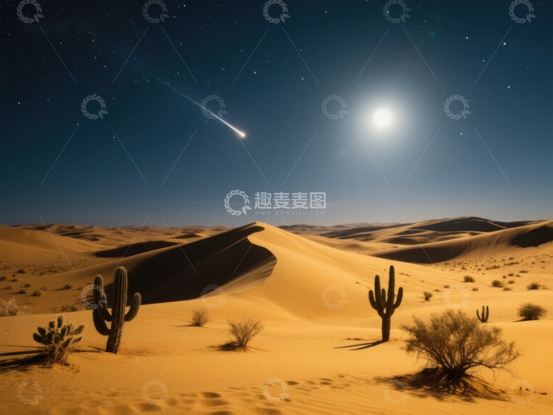 高清大图下载【趣麦麦图】沙漠夜景：流星划过星空
