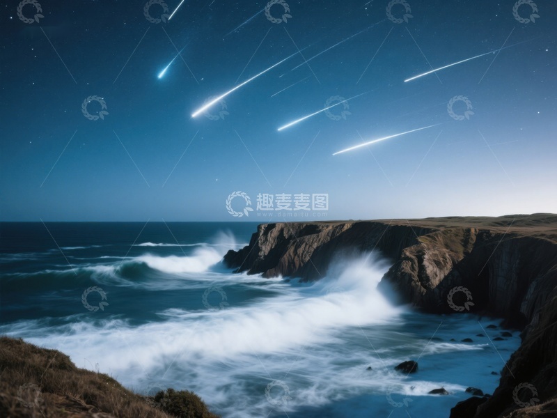 高清大图下载【趣麦麦图】海岸夜景流星划过