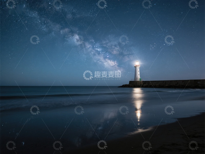 高清大图下载【趣麦麦图】夜空下的灯塔与银河