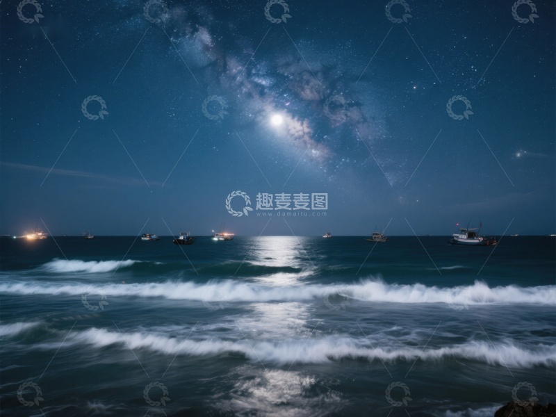 高清大图下载【趣麦麦图】夜空银河下的海洋风光