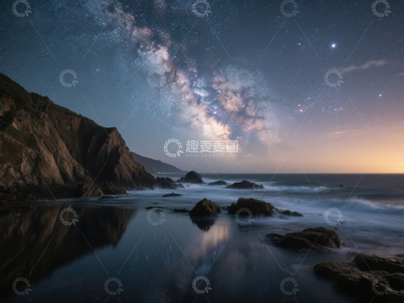 高清大图下载【趣麦麦图】银河映照海岸夜景