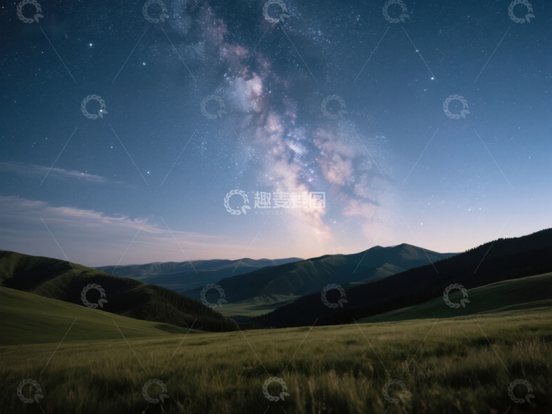 高清大图下载【趣麦麦图】夜空银河下的宁静山丘