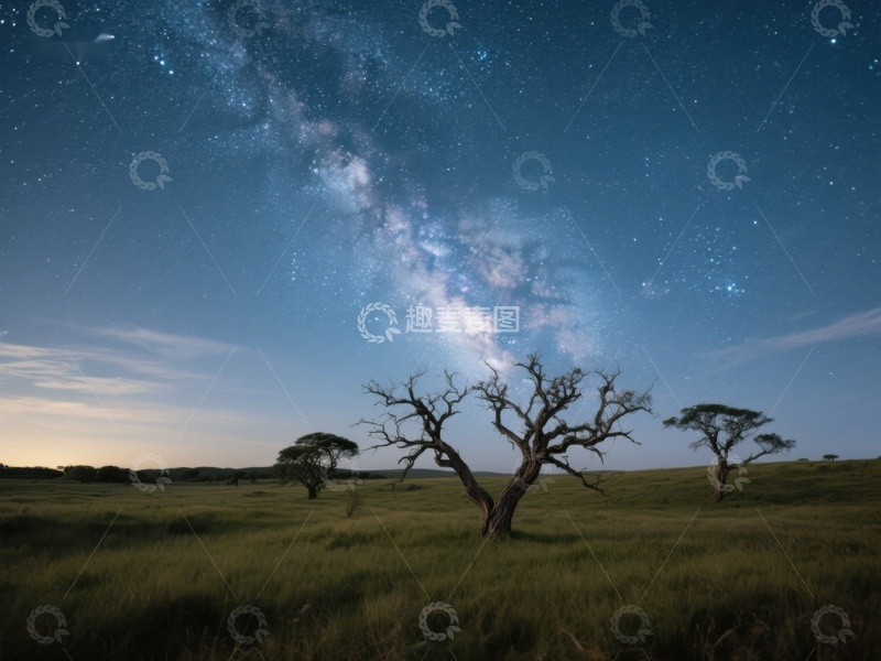 高清大图下载【趣麦麦图】星空下的孤树与草原