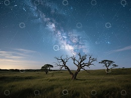 星空下的孤树与草原