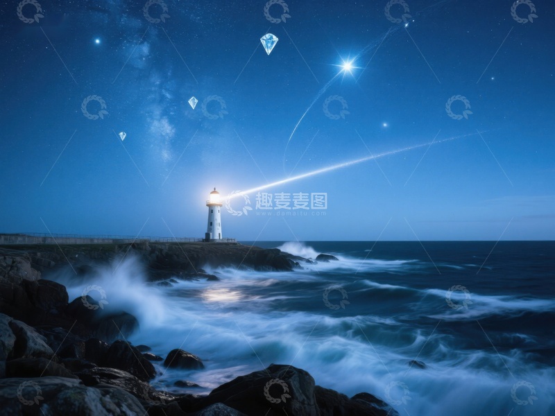 高清大图下载【趣麦麦图】夜空下的灯塔与流星