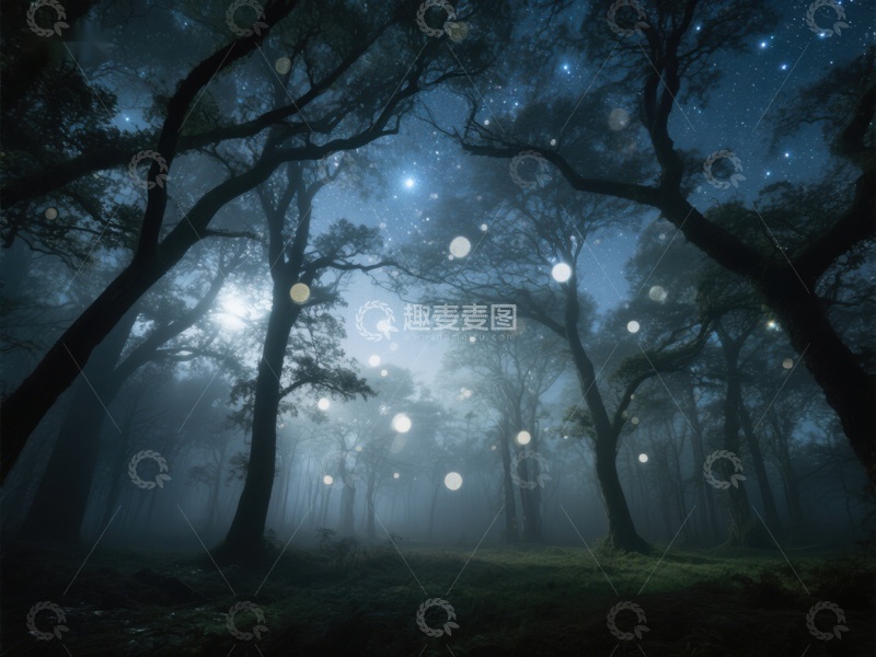 高清大图下载【趣麦麦图】夜幕森林中的神秘光点