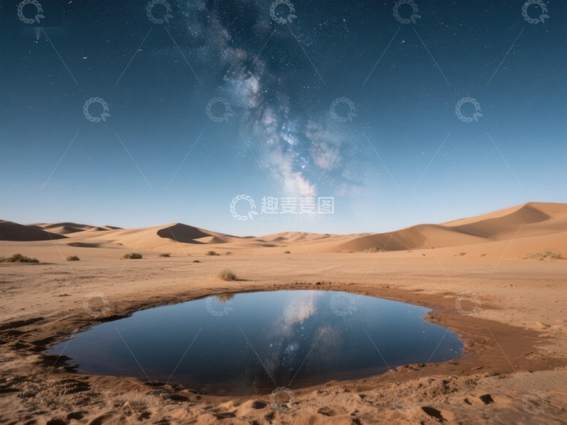高清大图下载【趣麦麦图】沙漠夜景：星河映照静谧水潭