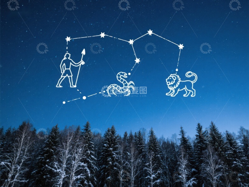 高清大图下载【趣麦麦图】夜空中的星座与森林剪影