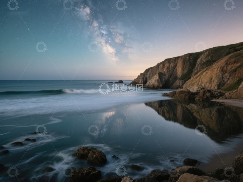 高清大图下载【趣麦麦图】星河映照海岸，夜色静谧如梦