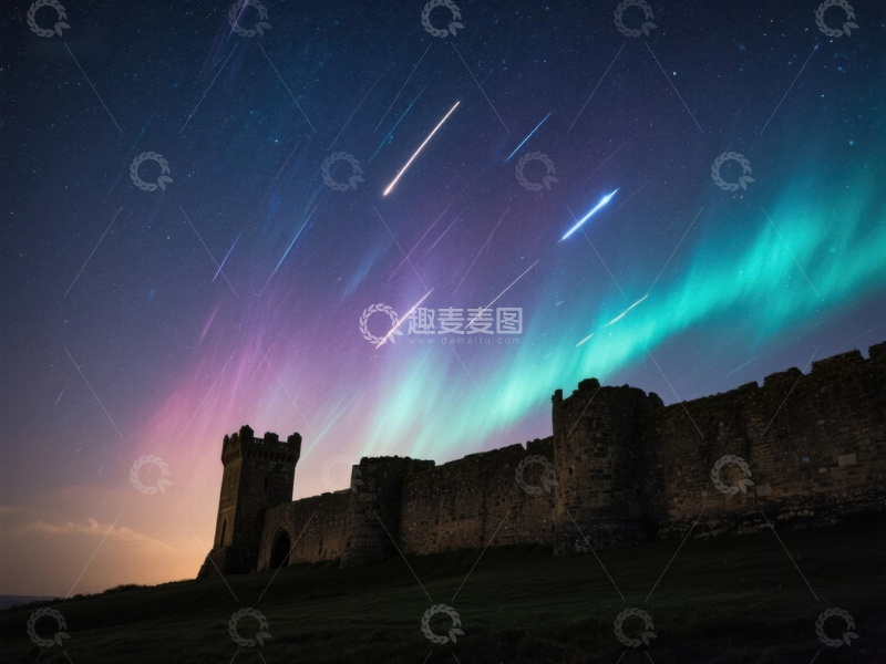 高清大图下载【趣麦麦图】古堡夜景与极光星空