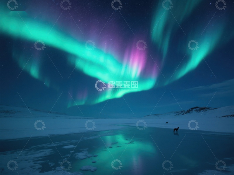 高清大图下载【趣麦麦图】极光下的雪地剪影