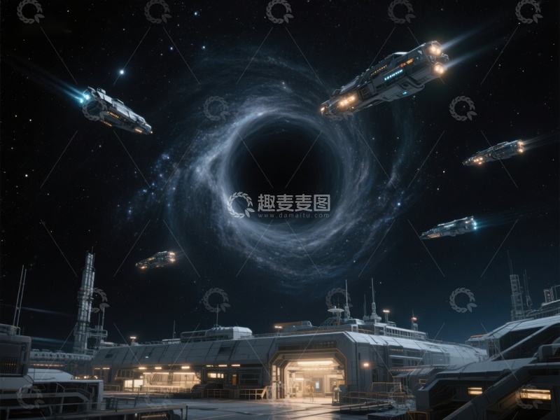 高清大图下载【趣麦麦图】星际飞船环绕黑洞