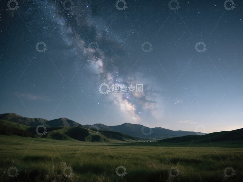 高清大图下载【趣麦麦图】银河横跨夜空，山峦静谧草原