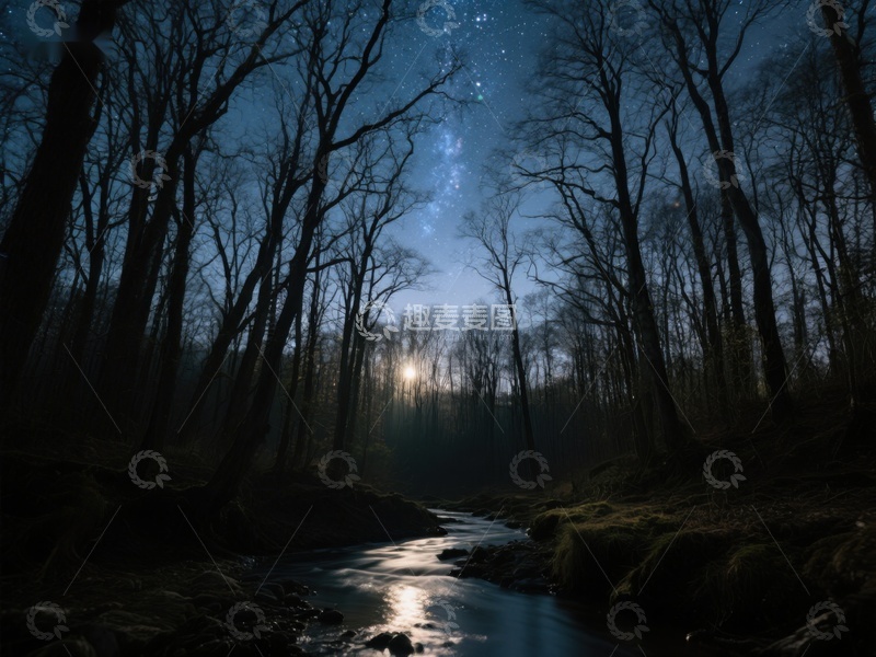 高清大图下载【趣麦麦图】夜幕森林溪流，星光与月光交织
