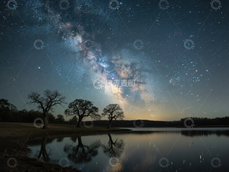 高清大图下载【趣麦麦图】银河映照湖面，夜空下的宁静景象
