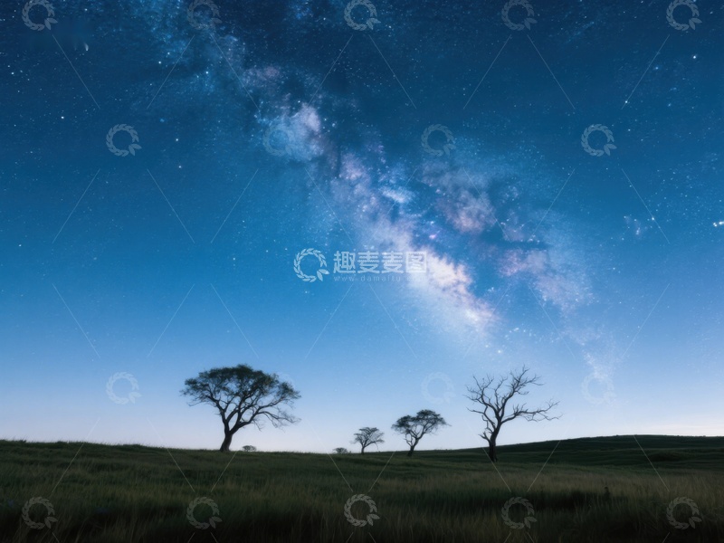 高清大图下载【趣麦麦图】夜空银河下的孤树剪影