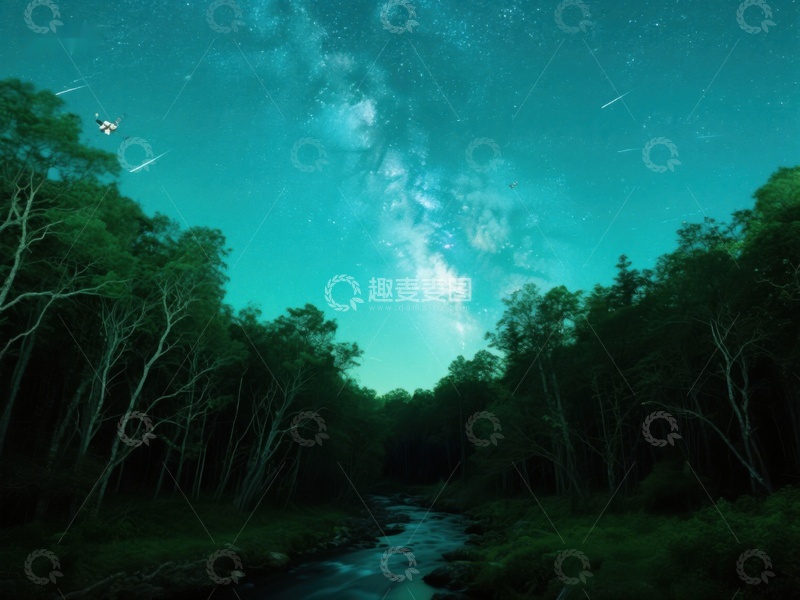 高清大图下载【趣麦麦图】夜空银河下的森林溪流