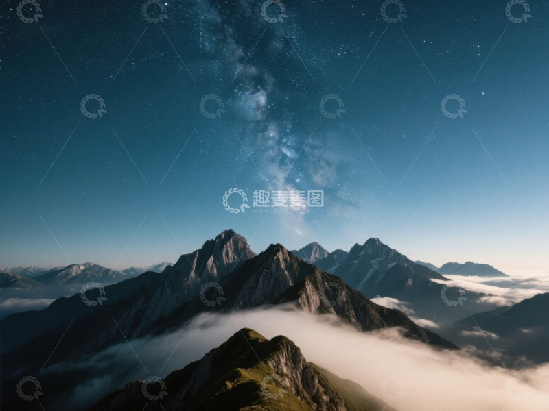 高清大图下载【趣麦麦图】夜空银河下的山峰云海