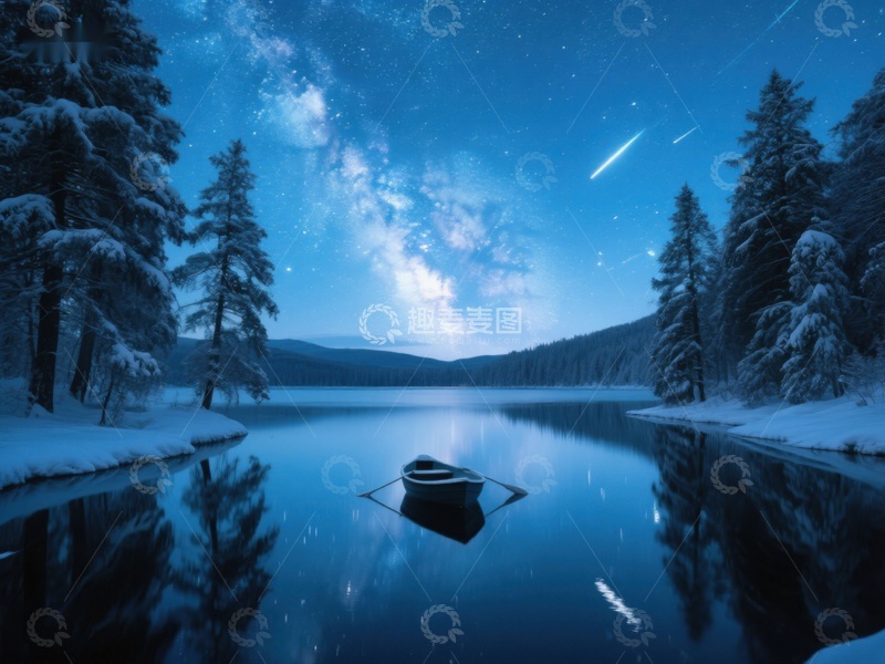 高清大图下载【趣麦麦图】冬夜湖畔，星空下的静谧小舟