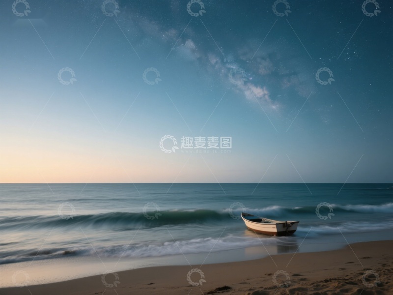 高清大图下载【趣麦麦图】夜幕下的海滩与小船