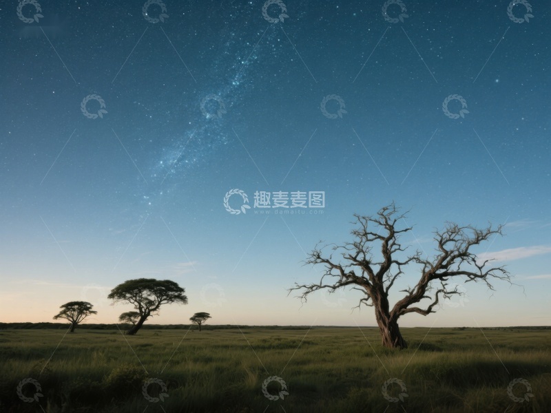 高清大图下载【趣麦麦图】星空下的孤树与草原