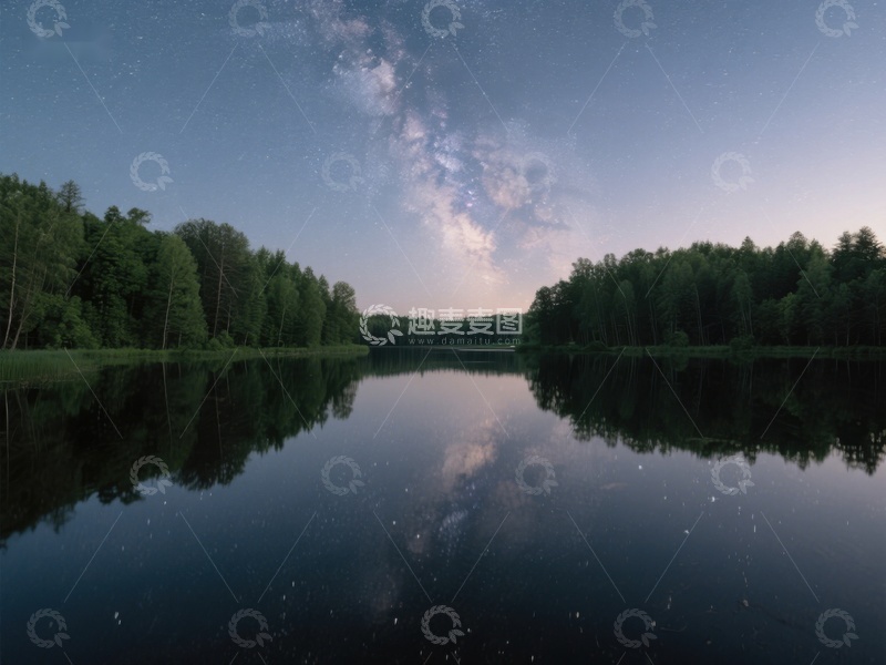 高清大图下载【趣麦麦图】夜空银河映照湖面静谧森林