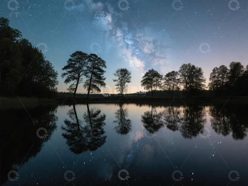 高清大图下载【趣麦麦图】夜空银河映湖面，树木倒影如画