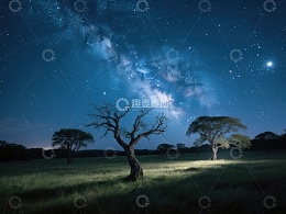 夜空下的孤树与银河