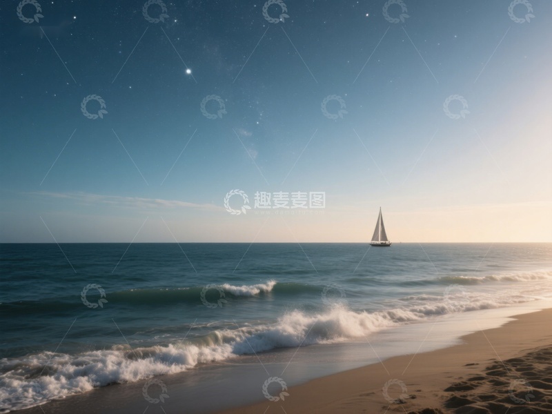 高清大图下载【趣麦麦图】夜幕下的帆船与海滩