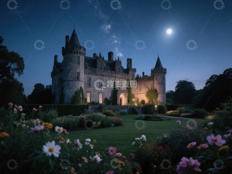 高清大图下载【趣麦麦图】夜幕下的古堡花园