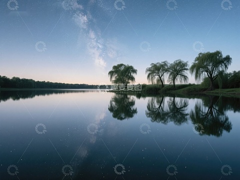 湖畔柳树倒影夜景