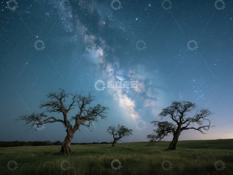 高清大图下载【趣麦麦图】夜空下的孤树与银河
