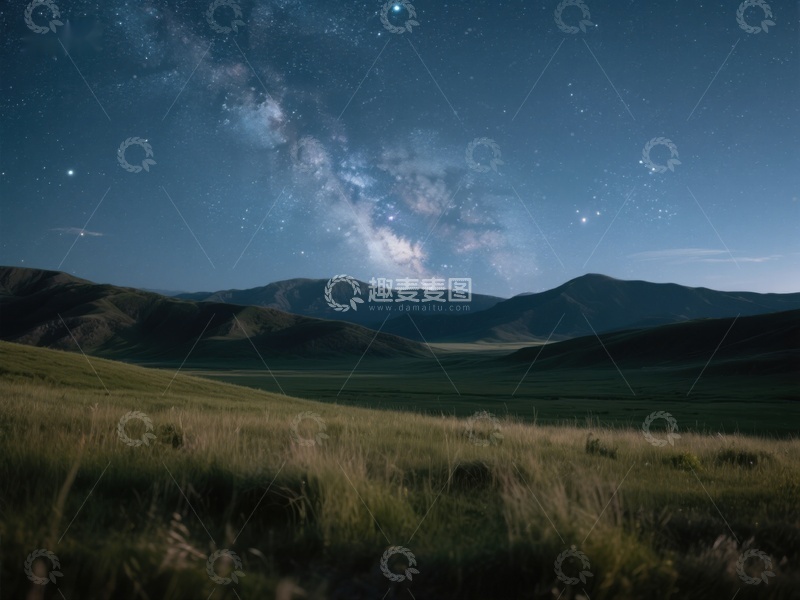 高清大图下载【趣麦麦图】夜空下的草原与山脉