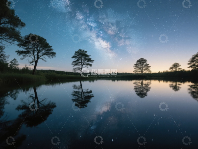 高清大图下载【趣麦麦图】夜空银河映湖面，树影婆娑静谧景