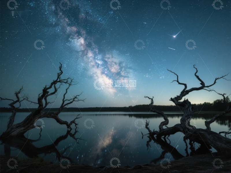 高清大图下载【趣麦麦图】银河映湖，枯木剪影