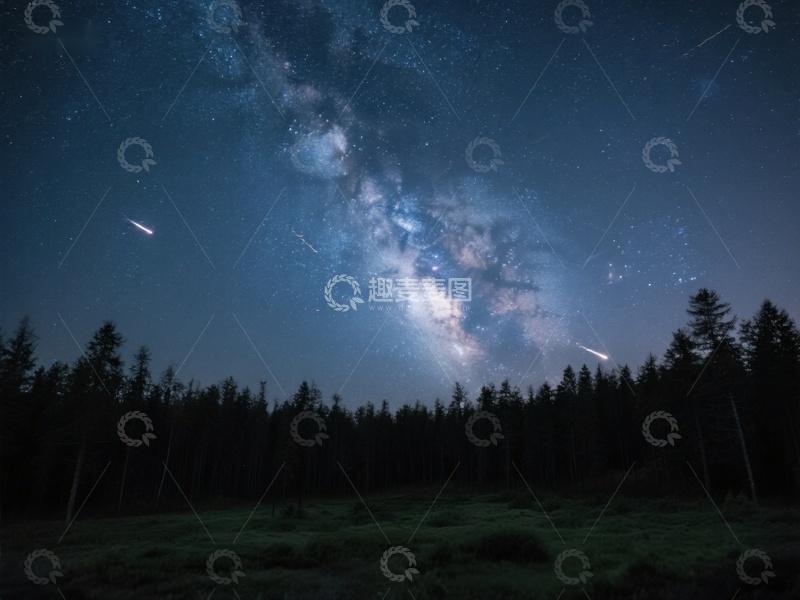 高清大图下载【趣麦麦图】夜空银河与森林剪影