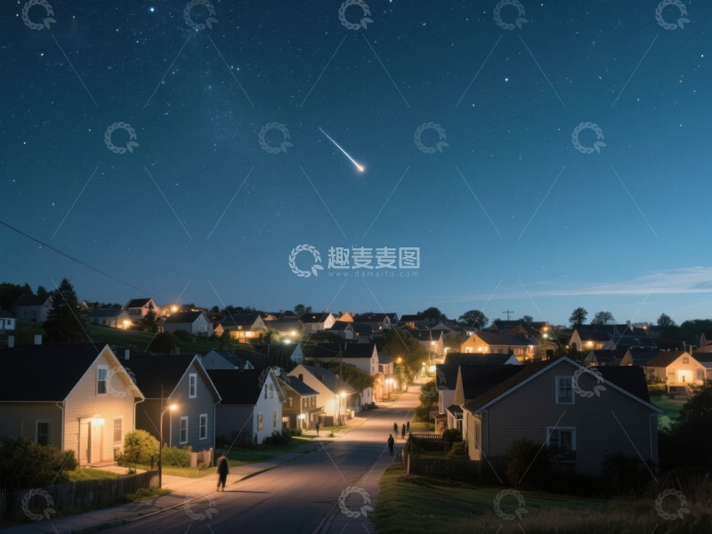 高清大图下载【趣麦麦图】夜空流星划过宁静小镇