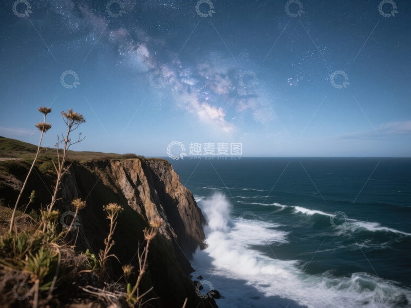高清大图下载【趣麦麦图】星空下的悬崖与海浪