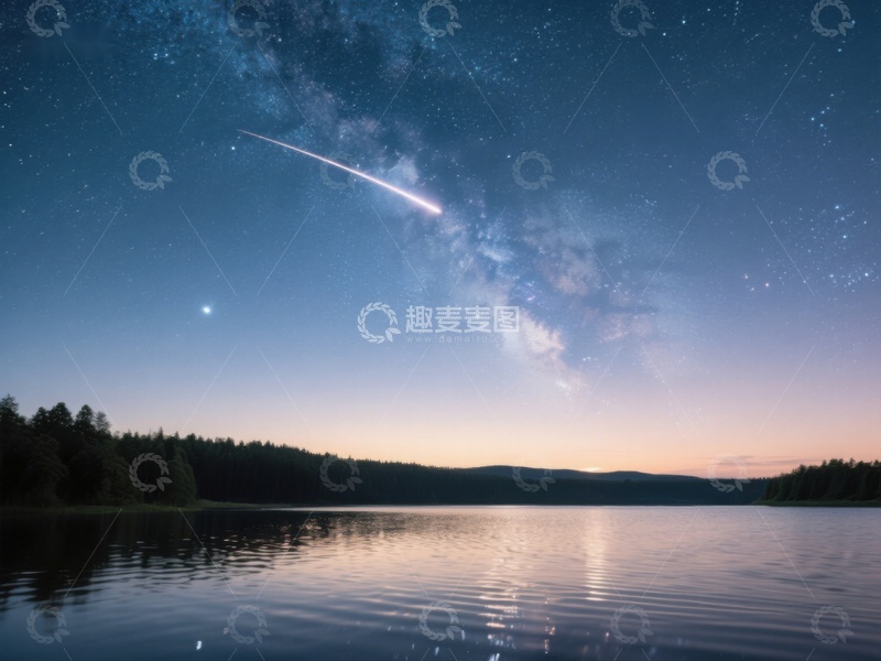 高清大图下载【趣麦麦图】夜空流星划过湖面