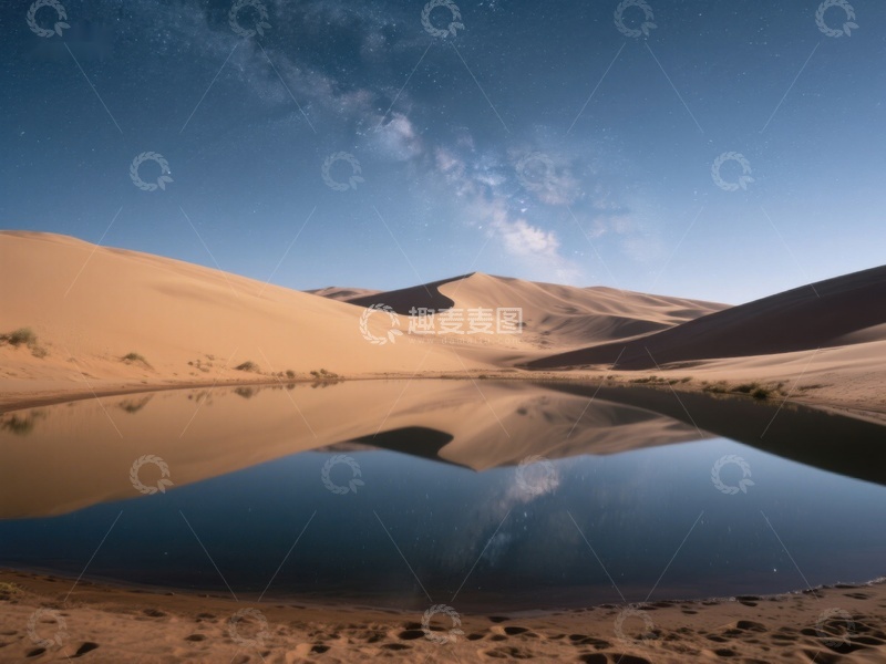 高清大图下载【趣麦麦图】沙漠夜景：沙丘与水面的完美倒影