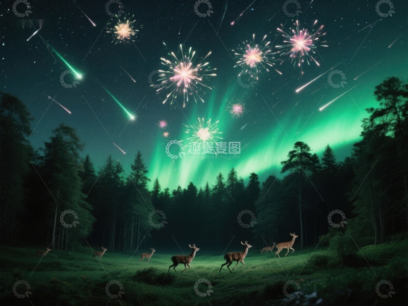 高清大图下载【趣麦麦图】森林夜景：极光与烟花下的鹿群
