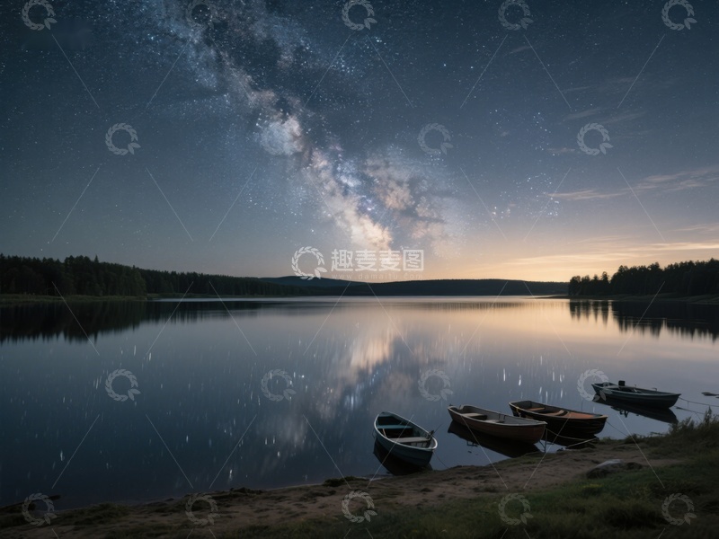 高清大图下载【趣麦麦图】星河映湖夜，静泊小舟旁