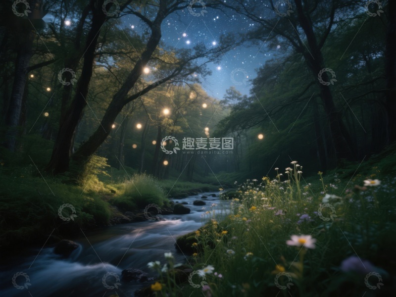 高清大图下载【趣麦麦图】夜幕森林溪流，星光点点