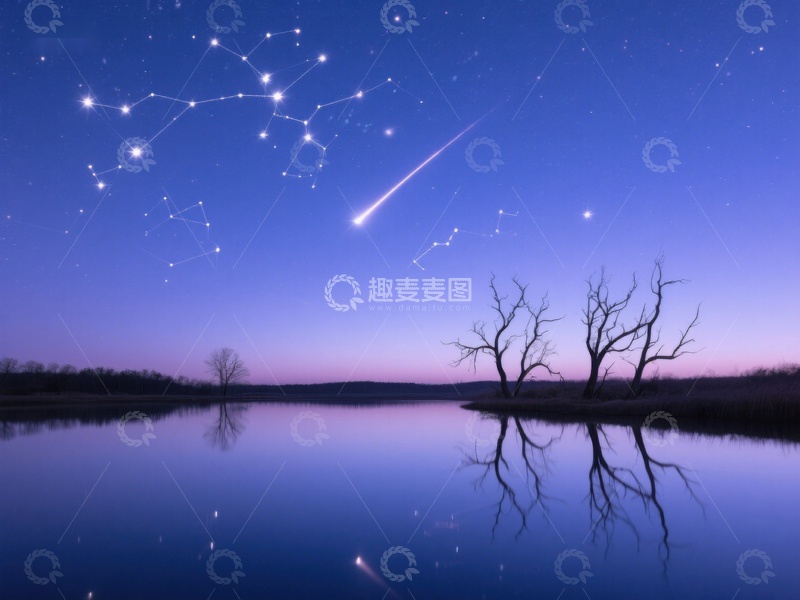 高清大图下载【趣麦麦图】夜空流星划过，湖面树影倒映